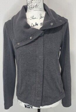 Eddie Bauer Asymmetrical Cowl Neck Cardigan Snap Up Sweater Size XS Gray